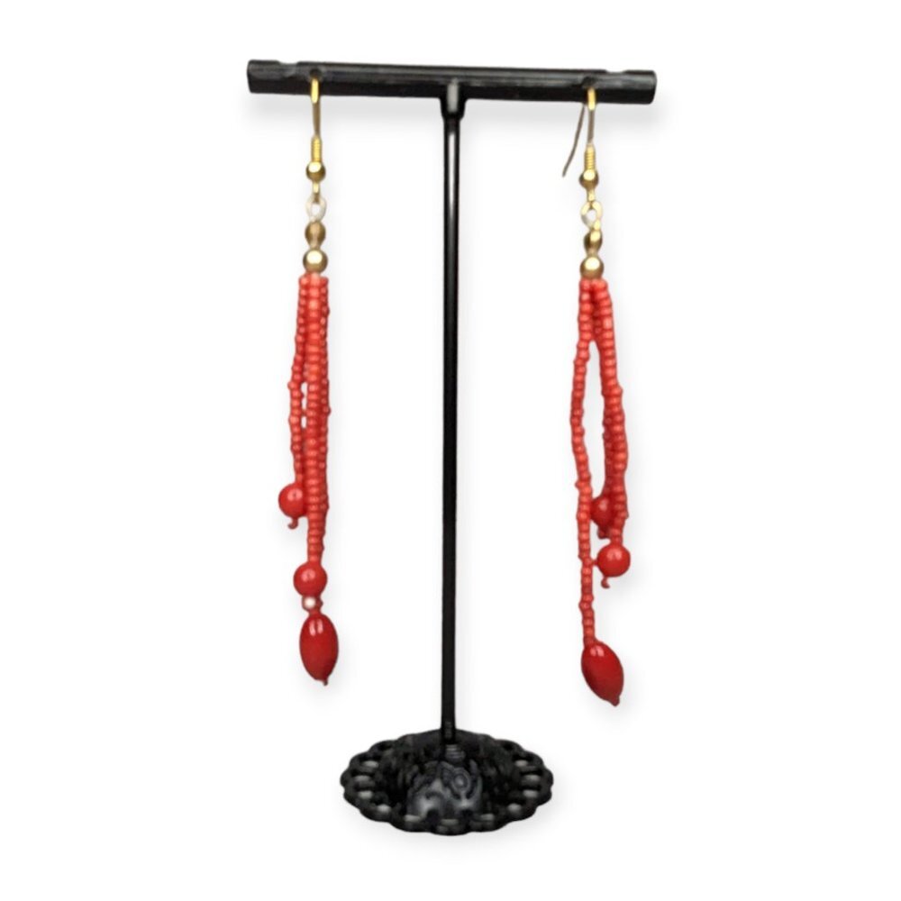 Red Beaded Drop Earrings w/ Hooks